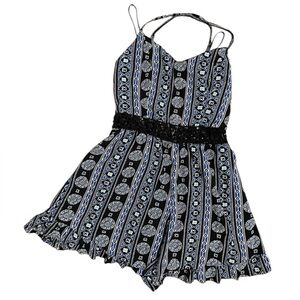 Hollister Blue/White Geo Pattern Crochet Waist Spaghetti Strap Romper